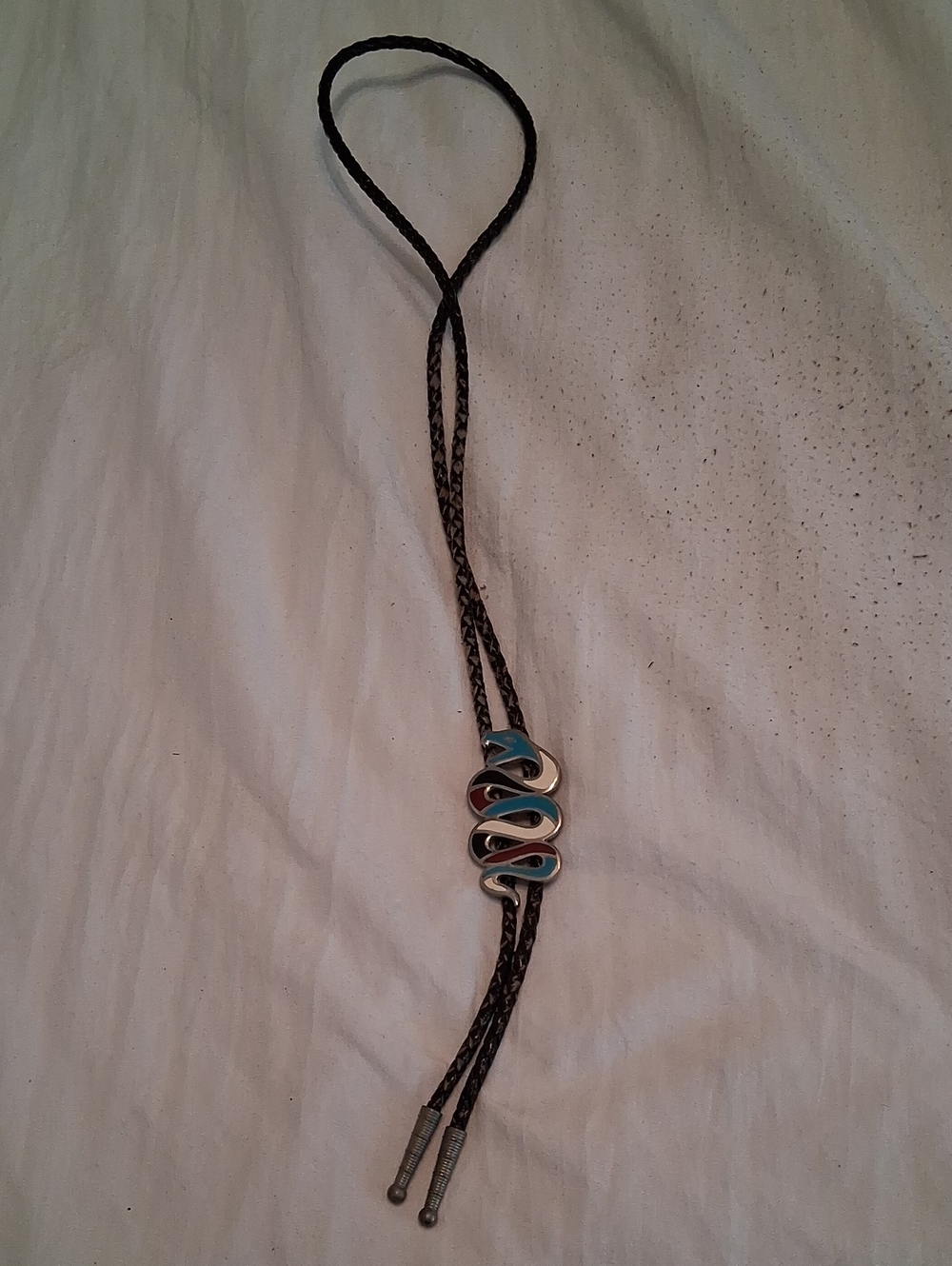 Men's Black Braided Leather Bolo Tie with Multicolor Enamel Slide